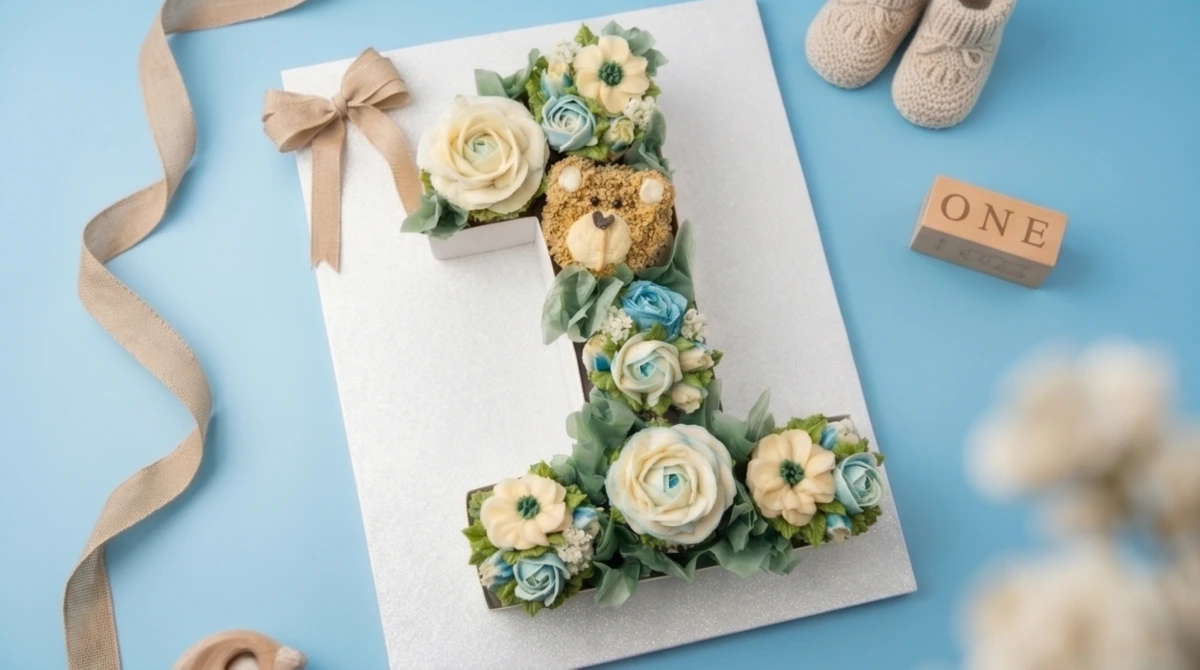 Number box cupcake arrangement staged for a baby's 1st birthday celebration