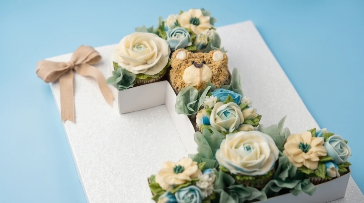 Number 1 cupcake box with teddy bear decoration