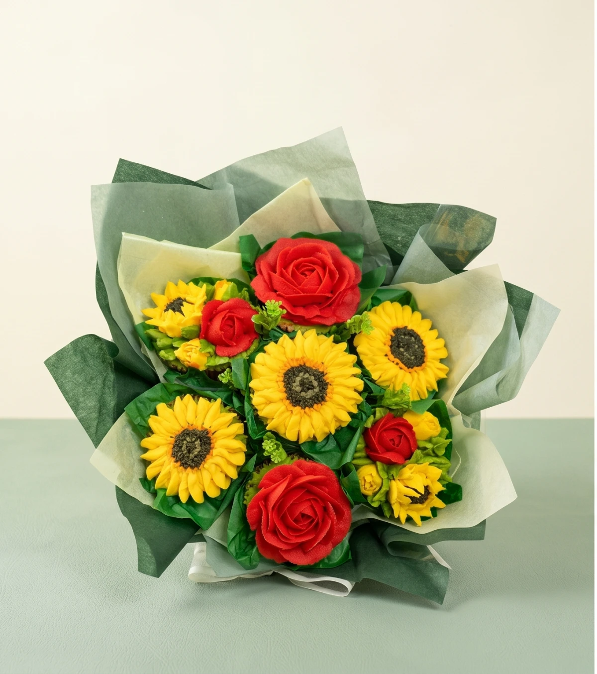 Sunflower themed 7 cupcake bouquet — wide view