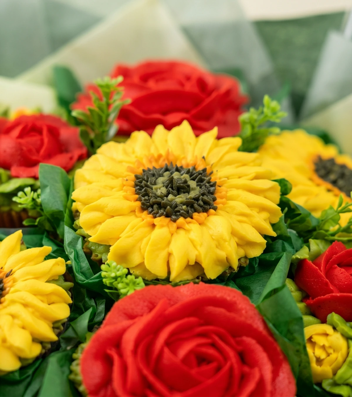 Sunflower themed 7 cupcake bouquet — close-up